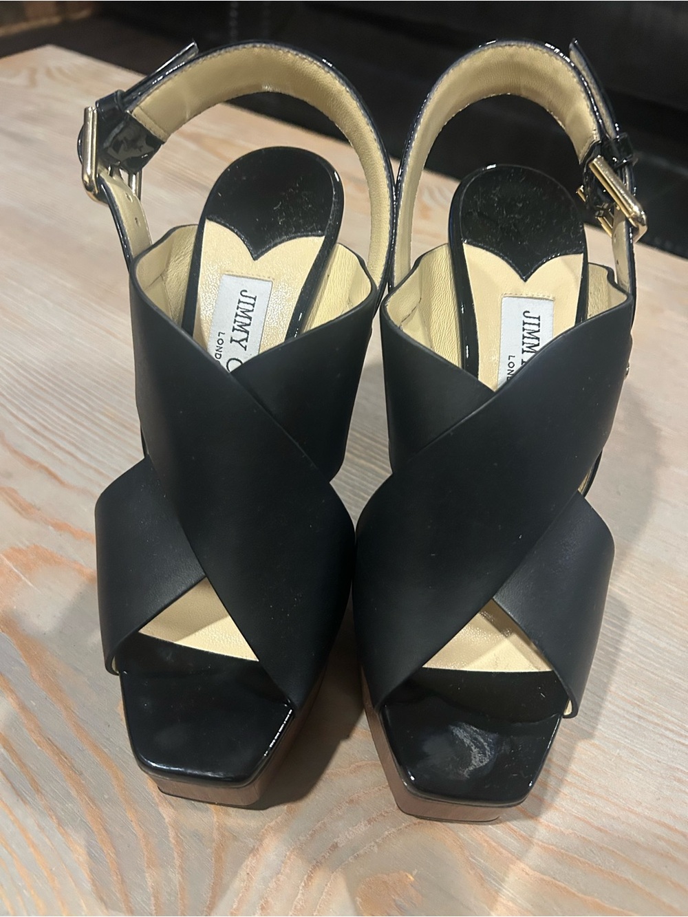Jimmy Choo Black Crisscross Platform wooden Heels with Gold Buckle - NEW